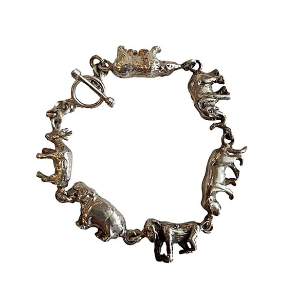 Estate Sterling Silver Safari Bracelet Featuring Gorilla/Water Buffalo/Elephant - Picture 2 of 3